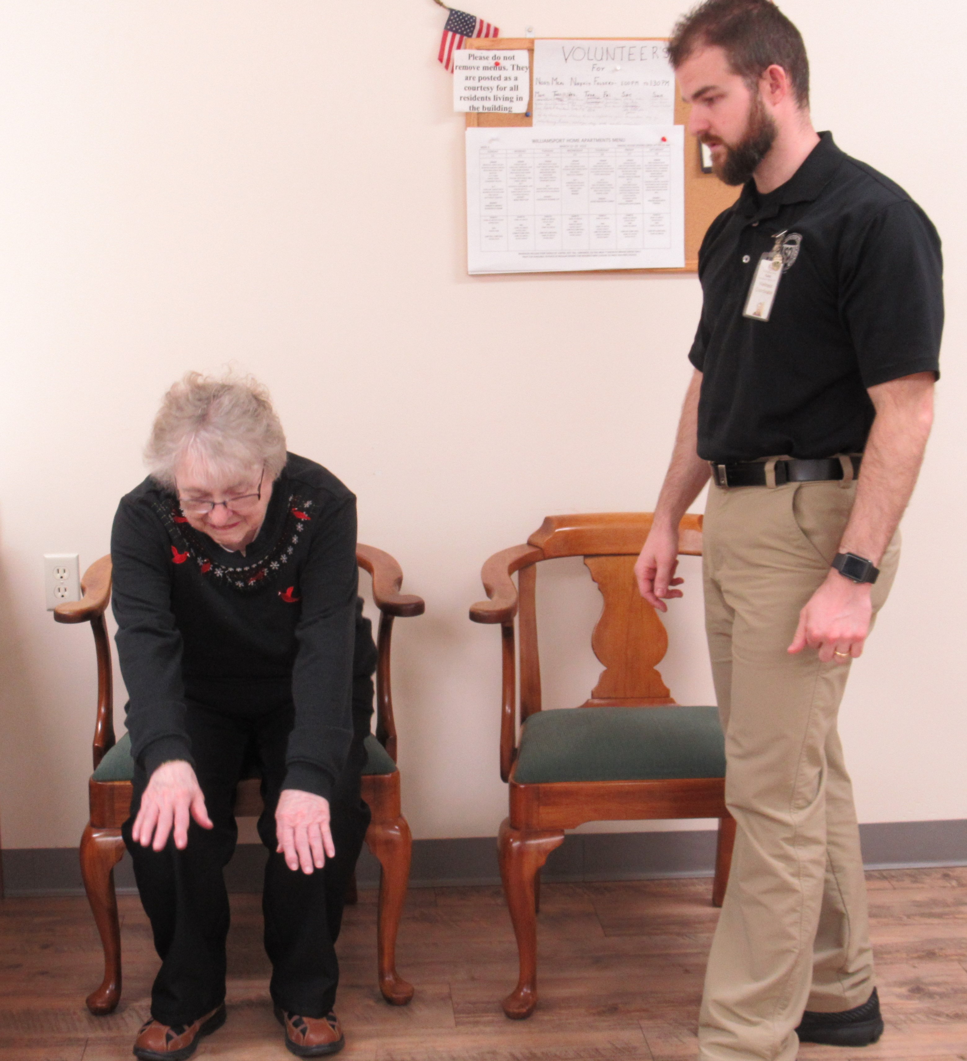 Ann Koser practicing safe sitting to standing exercises