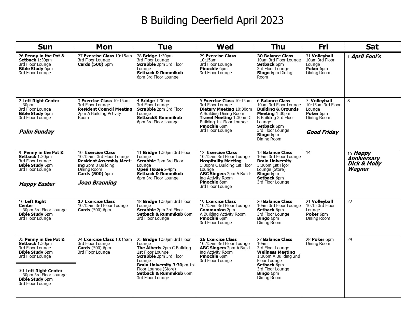 B Building Calendar April 2023