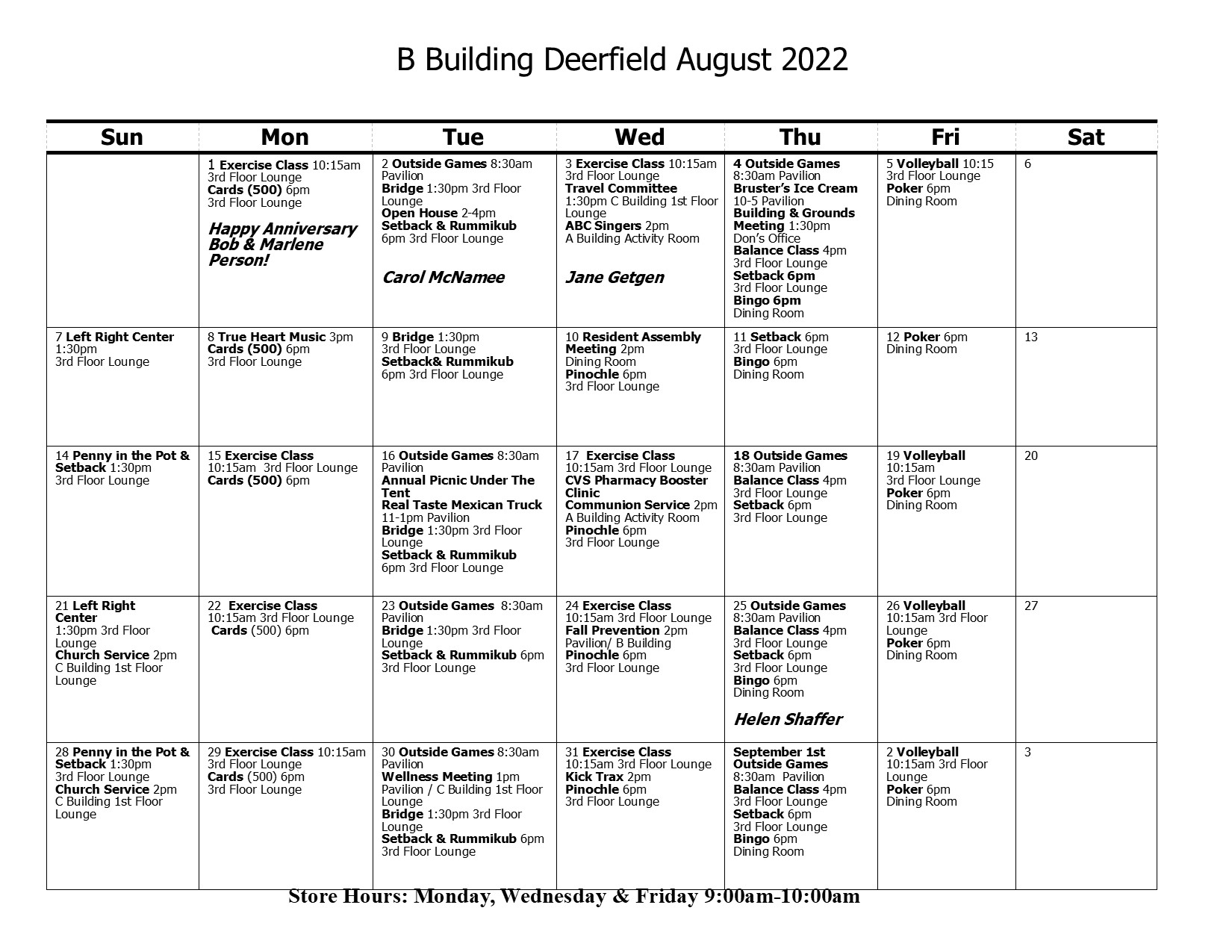 B Building Calendar August 2022