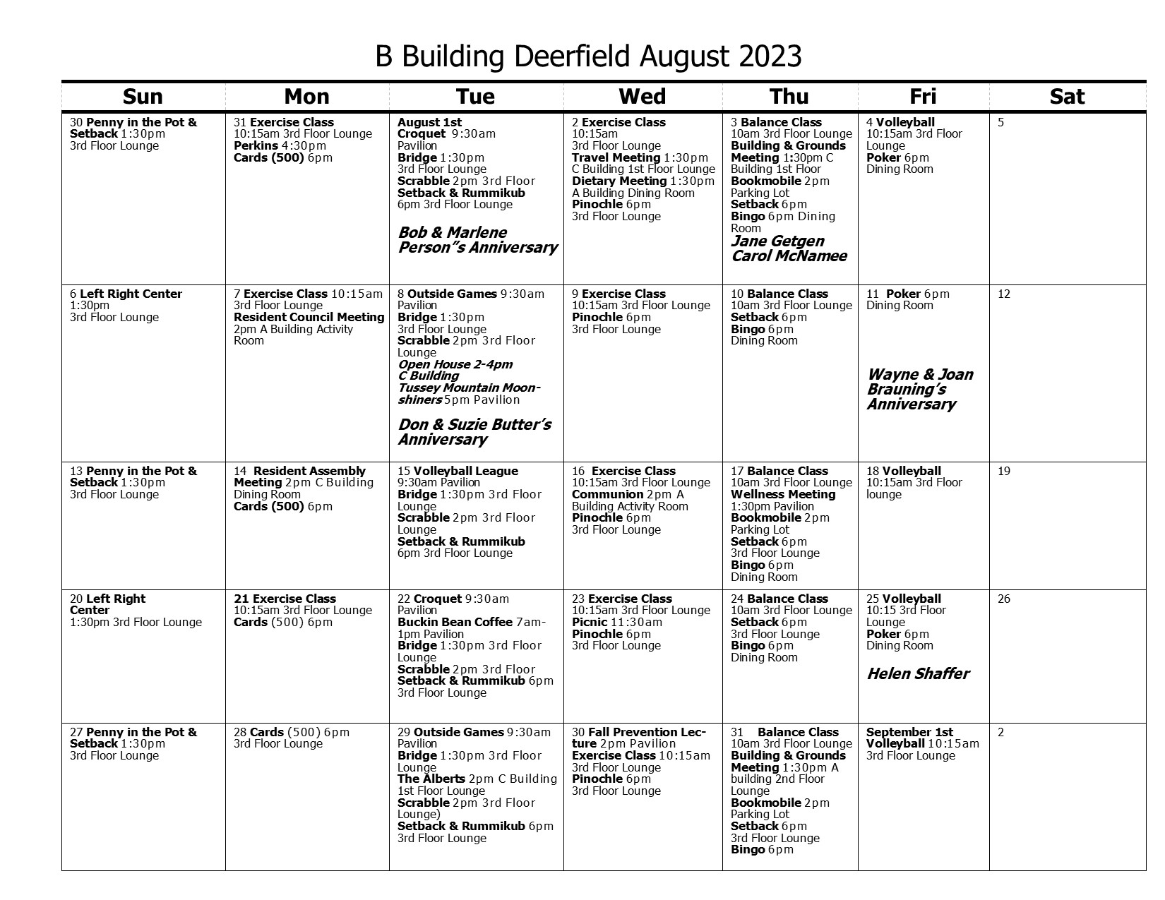 B Building Calendar August 2023
