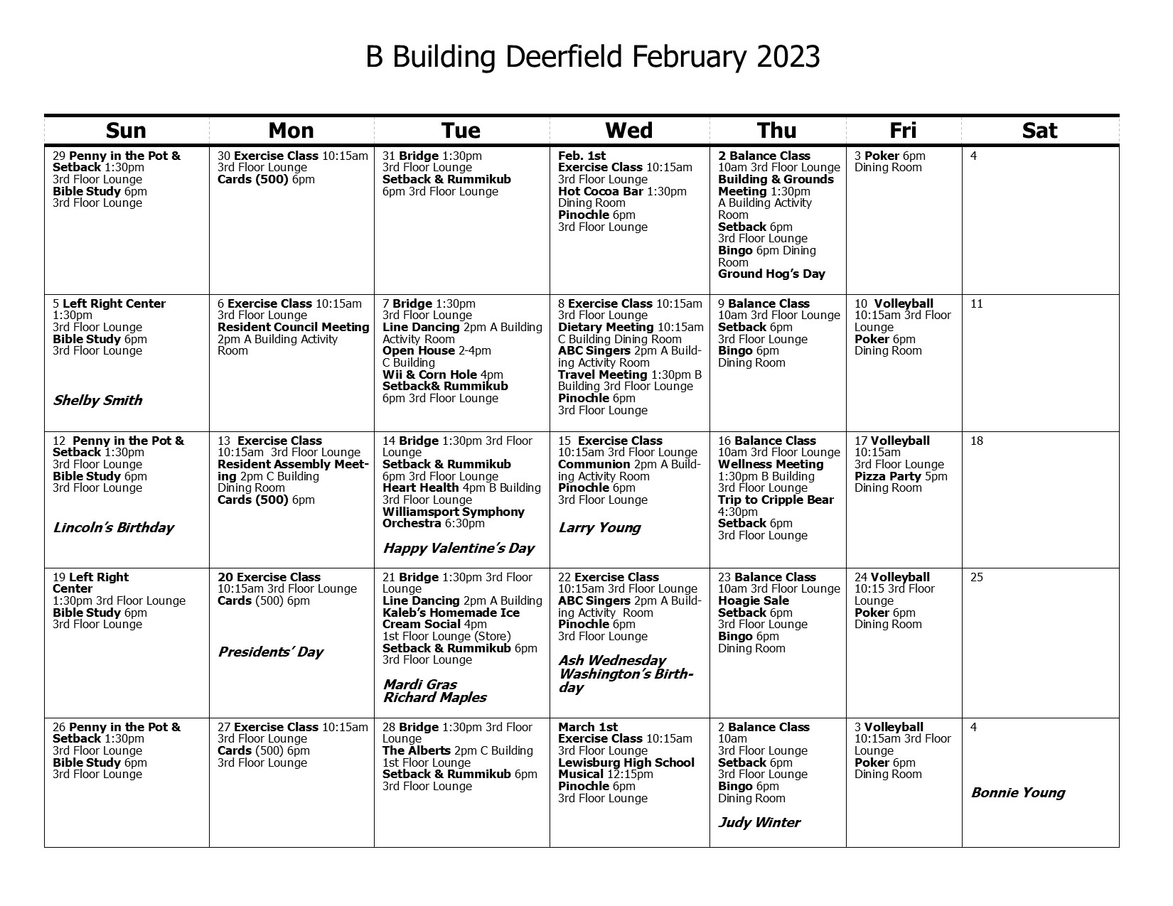 B Building Calendar February 2023