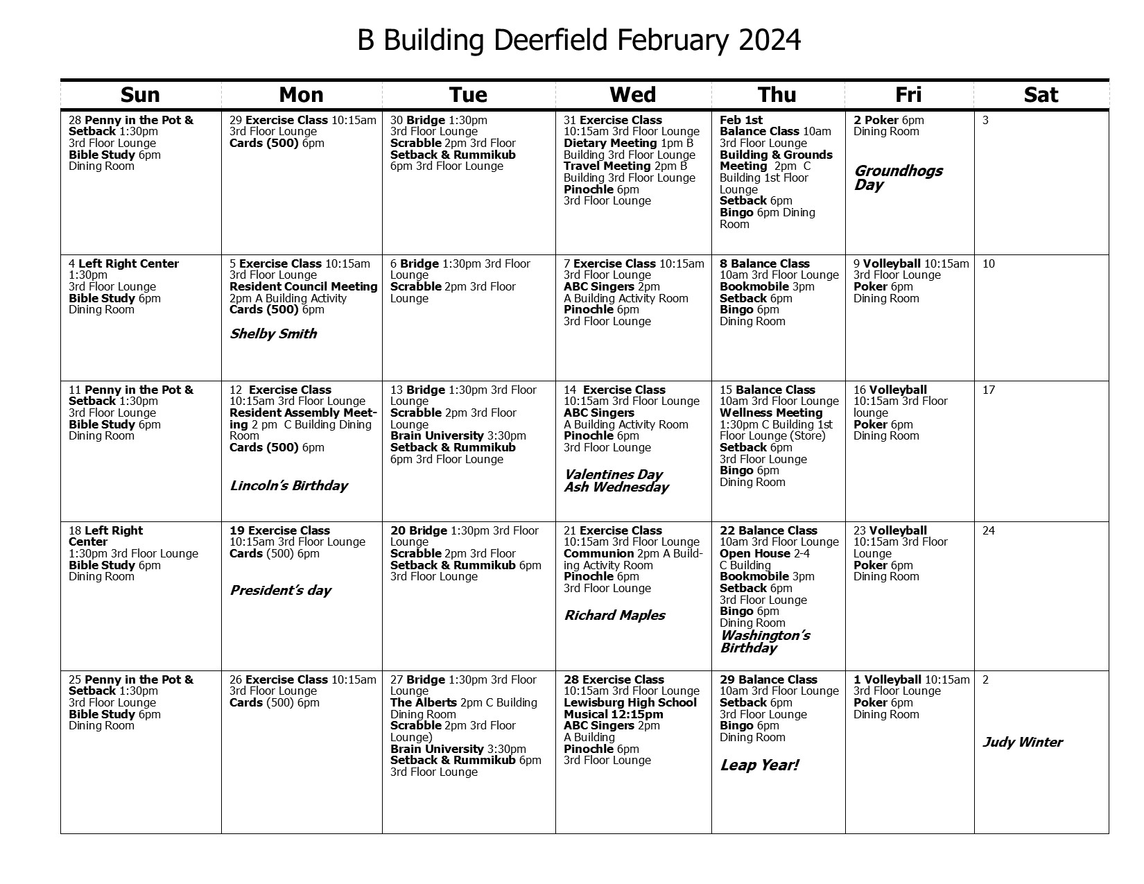 B Building Calendar February 2024