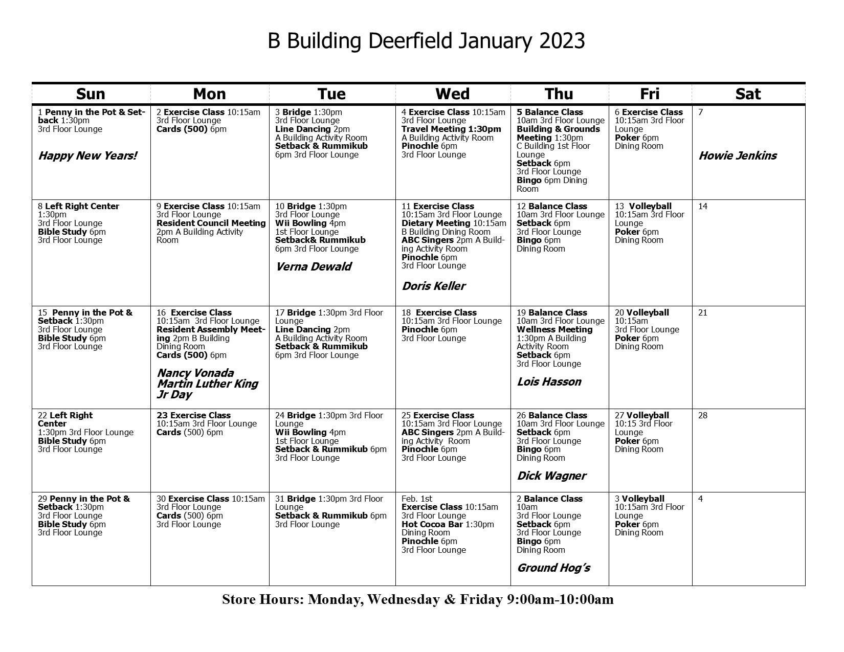 B Building Calendar January 2023