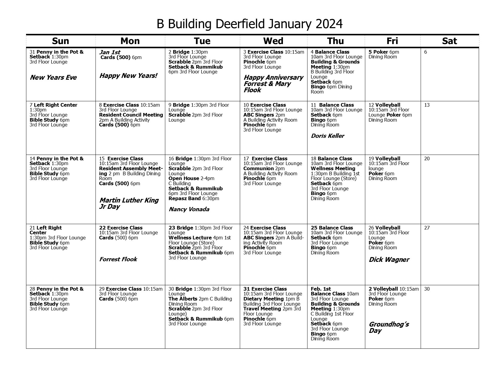 B Building Calendar January 2024