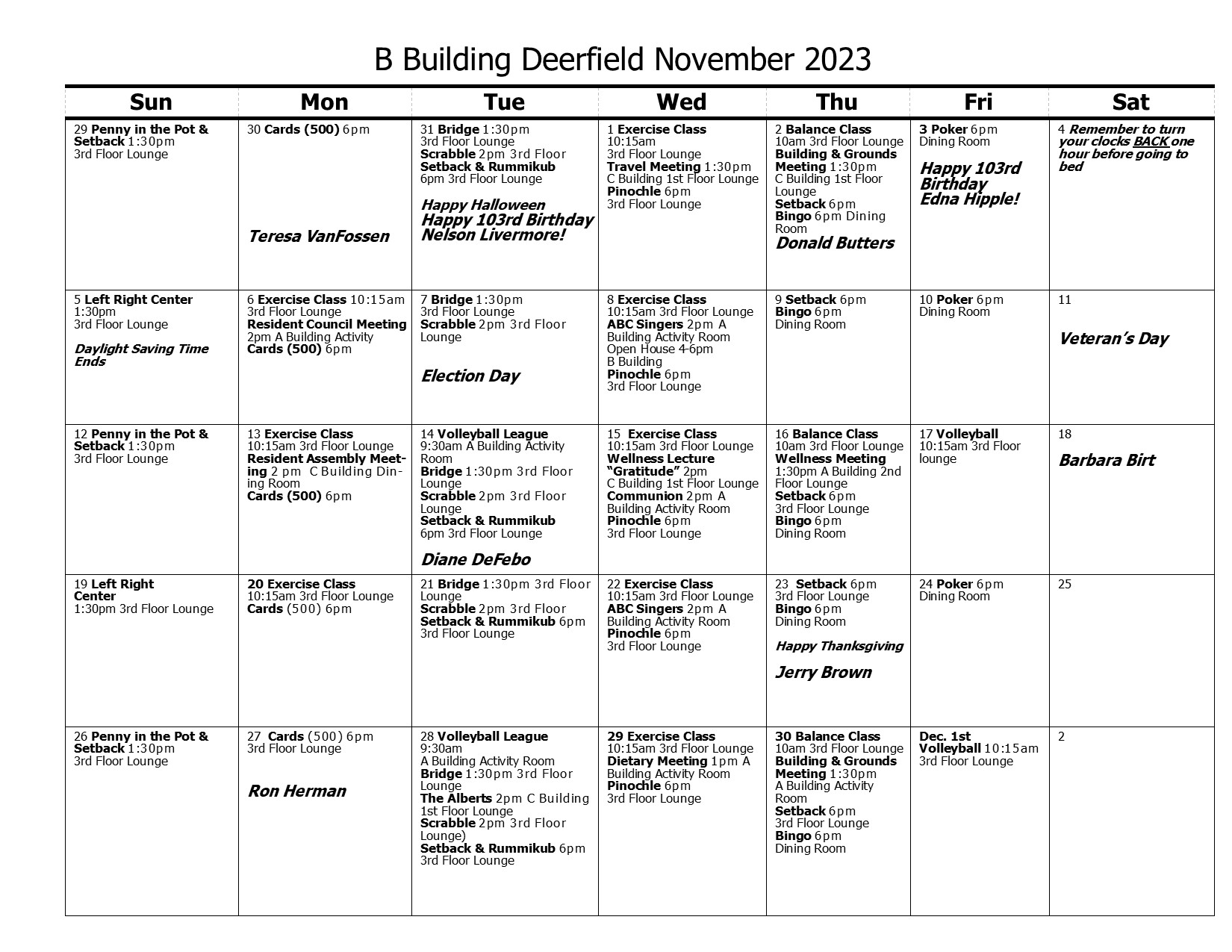 B Building Calendar November 2023