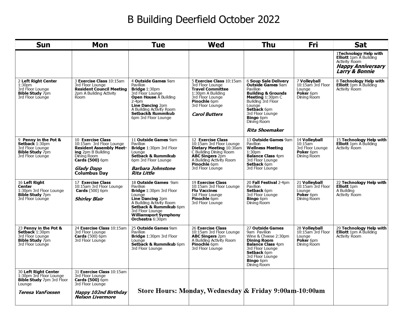 B Building Calendar October 2022