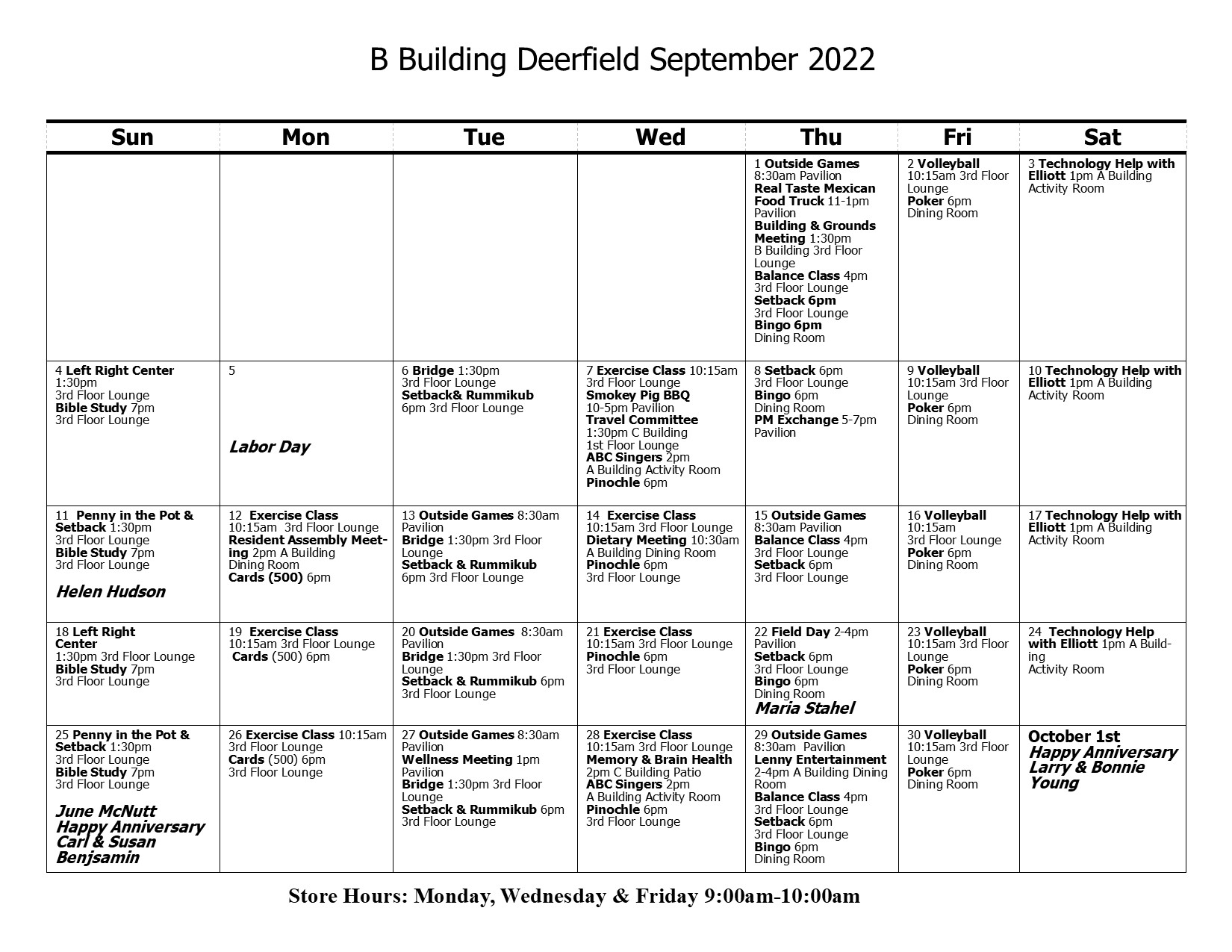 B Building Calendar September 2022