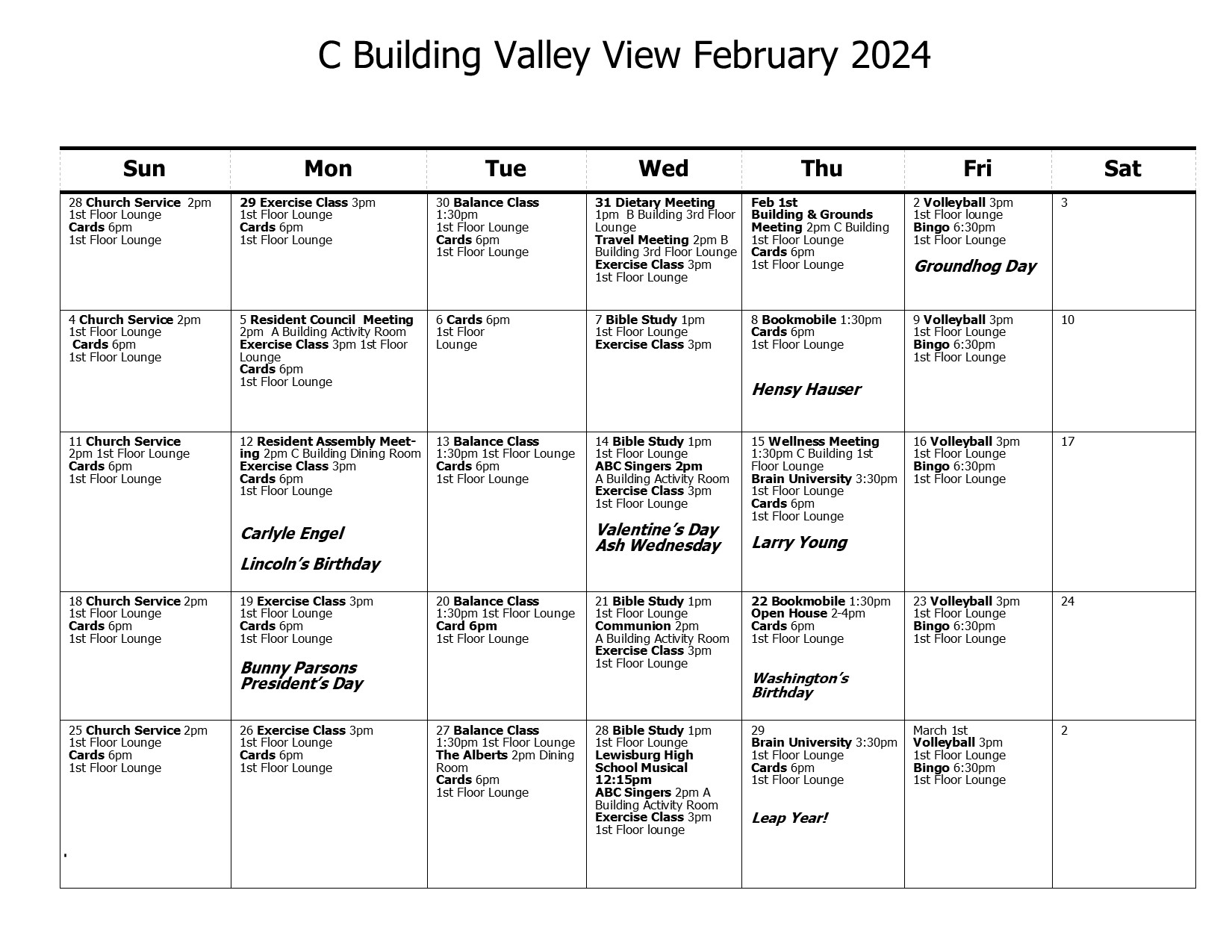 C Calendar February 2024