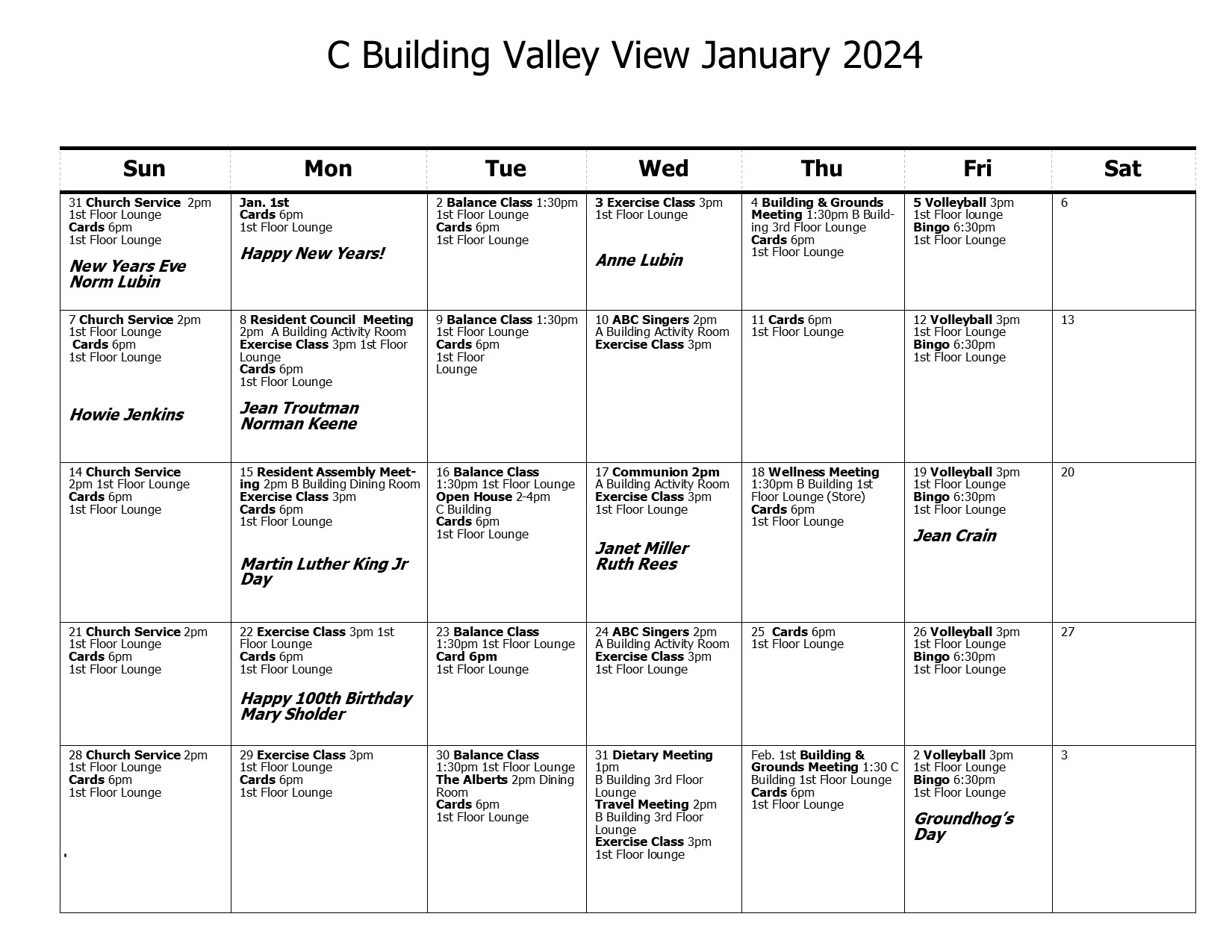 C Calendar January 2024