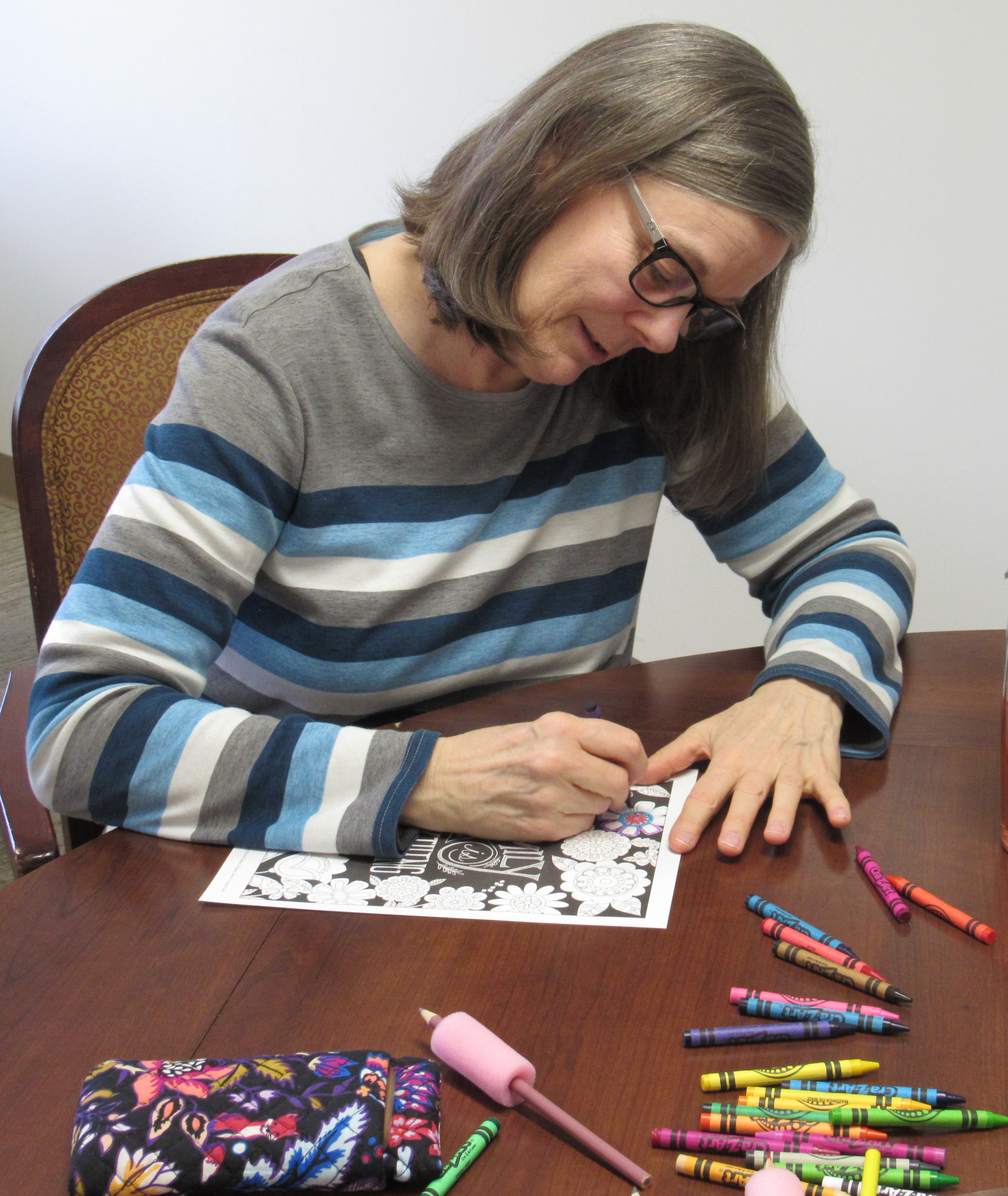 Eva Breneisen doing adult coloring with Leslie from James V Brown library